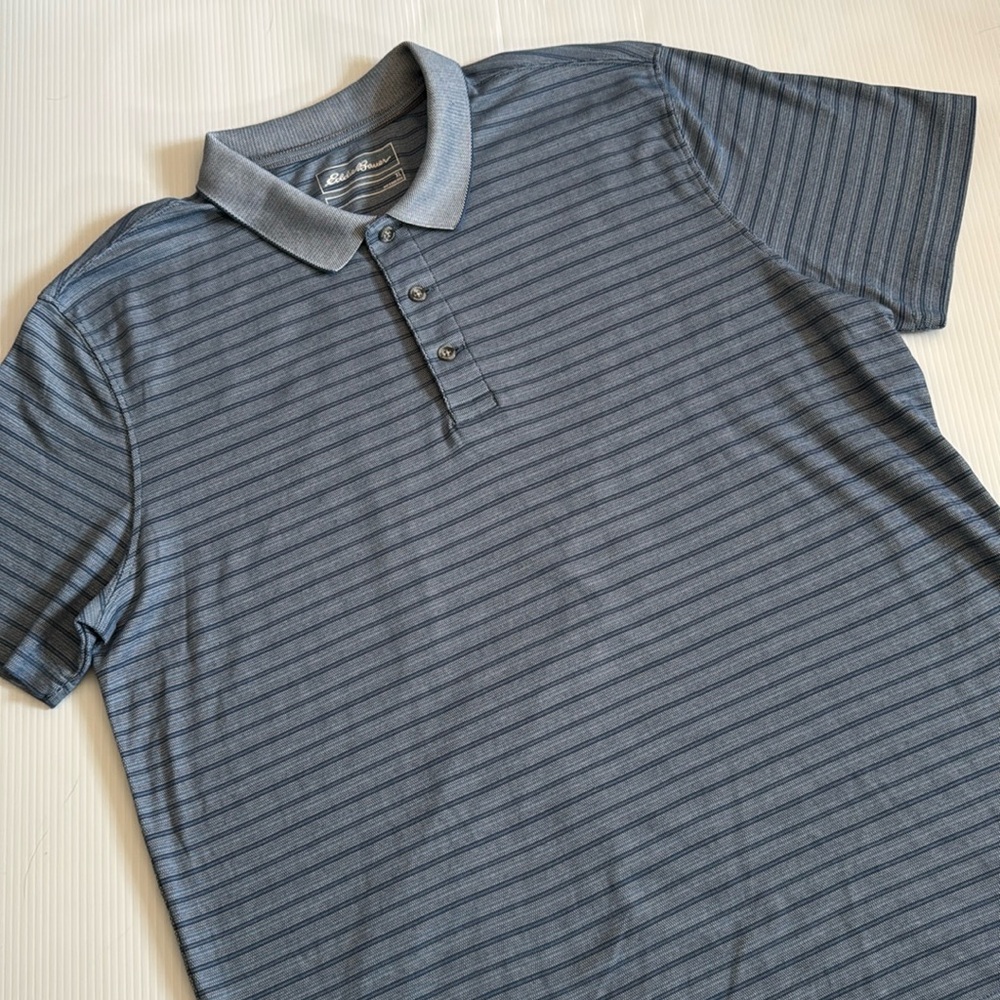 Eddie Bauer short sleeve blue striped, 3 button polo.  Men’s size XL